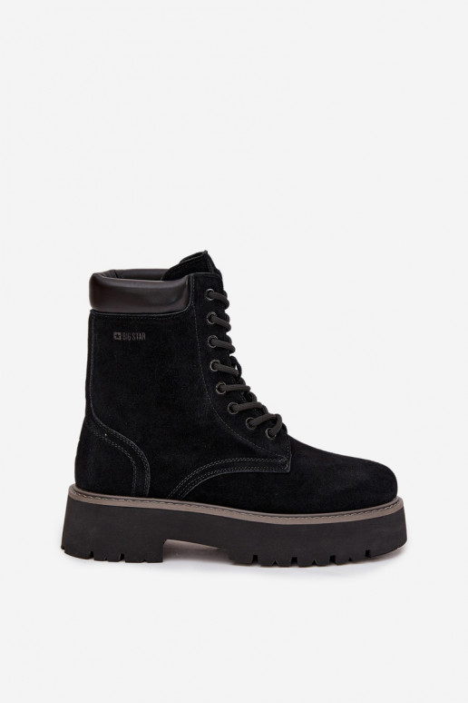 Zamšādas kurpes zābaki Sieviešu šņorējami Big Star SS274791 melnas krāsas