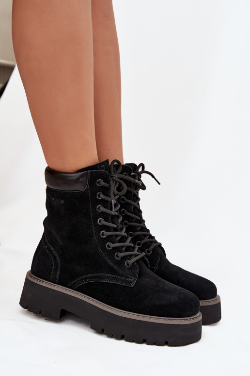 Zamšādas kurpes zābaki Sieviešu šņorējami Big Star SS274791 melnas krāsas