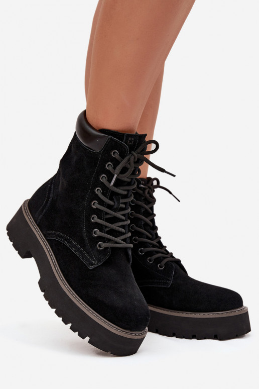 Zamšādas kurpes zābaki Sieviešu šņorējami Big Star SS274791 melnas krāsas