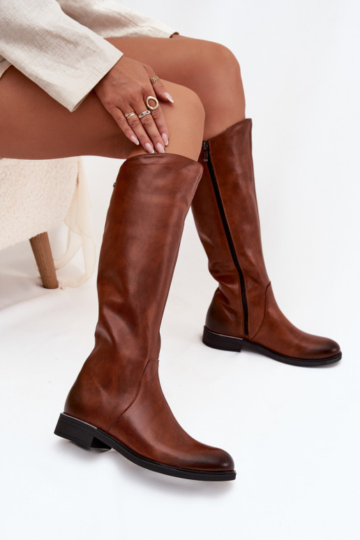 Āda sieviešu garie zābaki ar platiem papēžiem siltināti Zazoo 70150 brūnas krāsas Āda sieviešu garie zābaki ar platiem papēžiem siltināti Zazoo 70150 brūnas krāsas