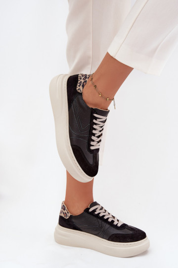 Āda Sneakers modeļa apavi Sieviešu ar platformu ar leoparda kažokādas rakstu Zazoo N1263 melnas krāsas