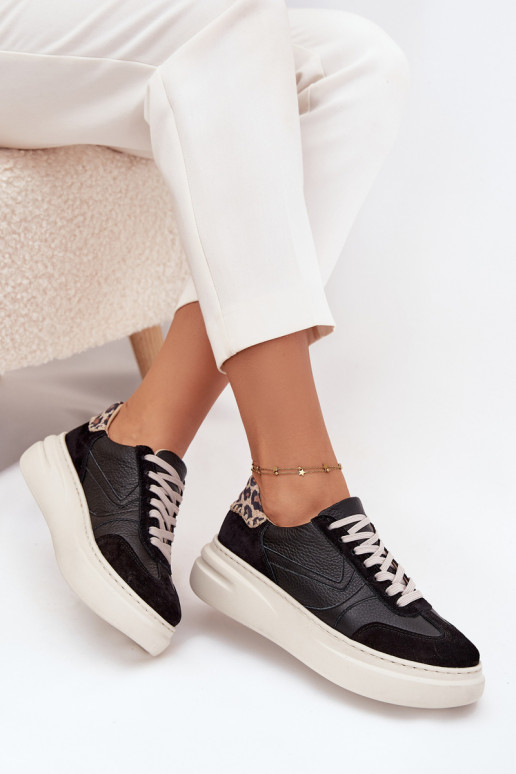 Āda Sneakers modeļa apavi Sieviešu ar platformu ar leoparda kažokādas rakstu Zazoo N1263 melnas krāsas Āda Sneakers modeļa apavi Sieviešu ar platformu ar leoparda kažokādas rakstu Zazoo N1263 melnas krāsas