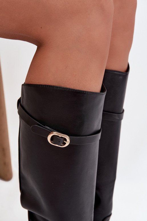 Sieviešu garie zābaki ar platām papēžiem, siksniņām, zelta sprādzēm, melnā krāsā, Sylvena