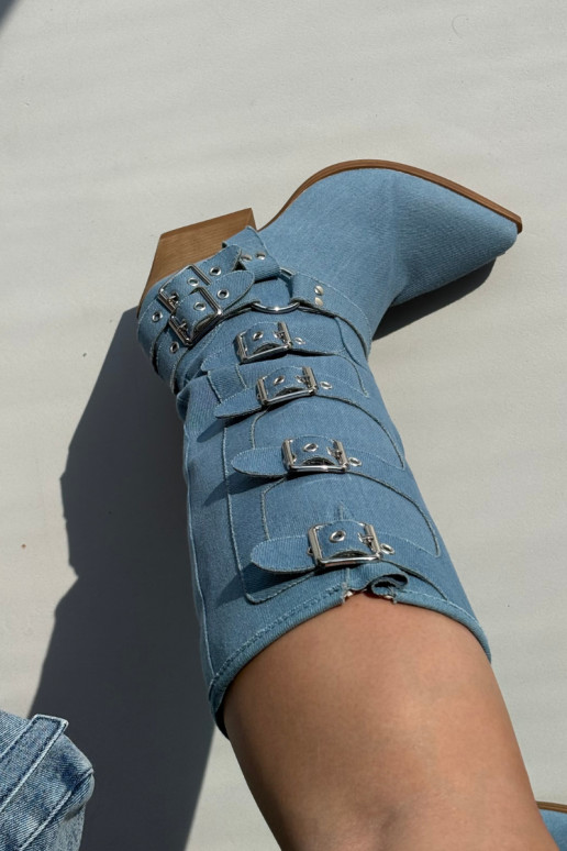 Kaubojiska stila ilgaauļi ar papēžiem un sprādzēm no džinsa auduma, Fivelle