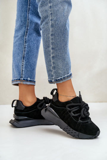 zamšādas Sneakers modeļa apavi Sieviešu ar platformuGrubym Šņorēšanam Artiker 54C1464 melnas krāsas