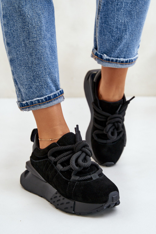 zamšādas Sneakers modeļa apavi Sieviešu ar platformuGrubym Šņorēšanam Artiker 54C1464 melnas krāsas