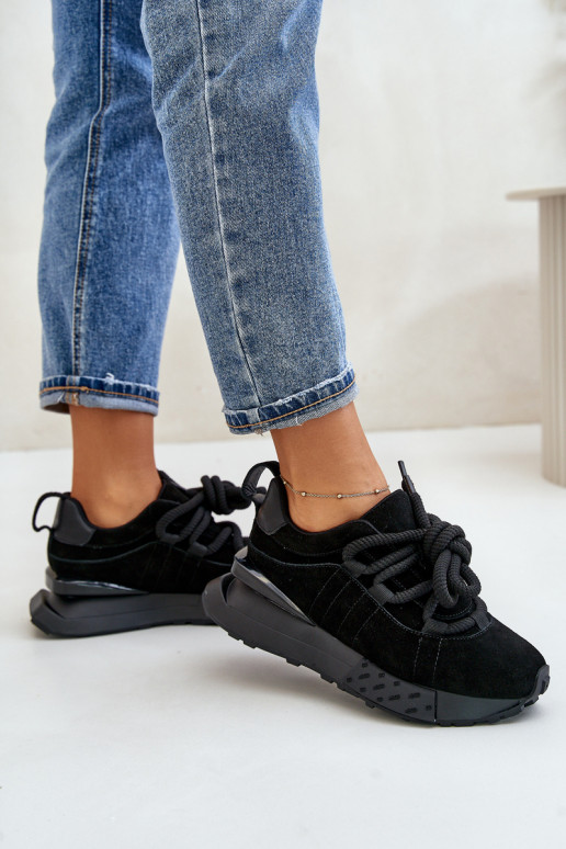 zamšādas Sneakers modeļa apavi Sieviešu ar platformuGrubym Šņorēšanam Artiker 54C1464 melnas krāsas