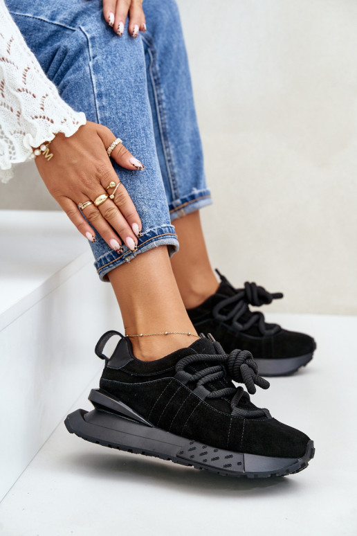 zamšādas Sneakers modeļa apavi Sieviešu ar platformuGrubym Šņorēšanam Artiker 54C1464 melnas krāsas