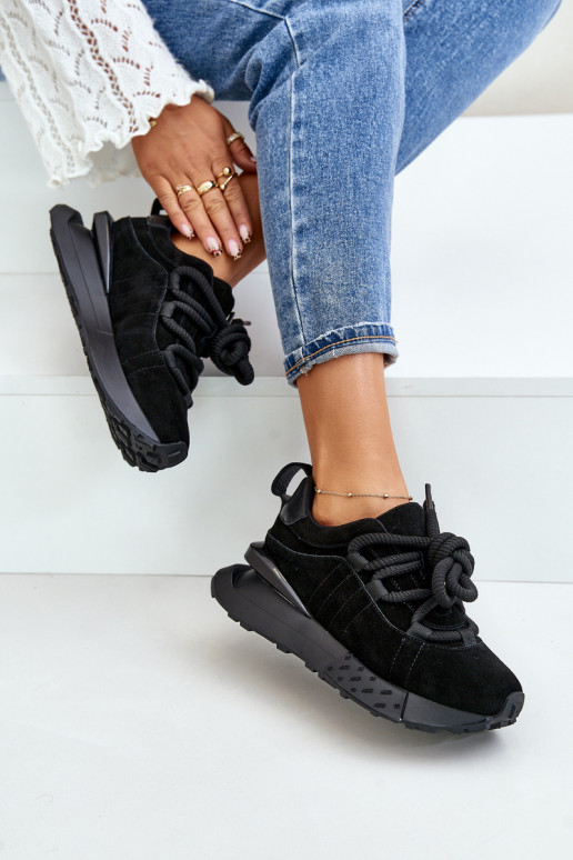 zamšādas Sneakers modeļa apavi Sieviešu ar platformuGrubym Šņorēšanam Artiker 54C1464 melnas krāsas