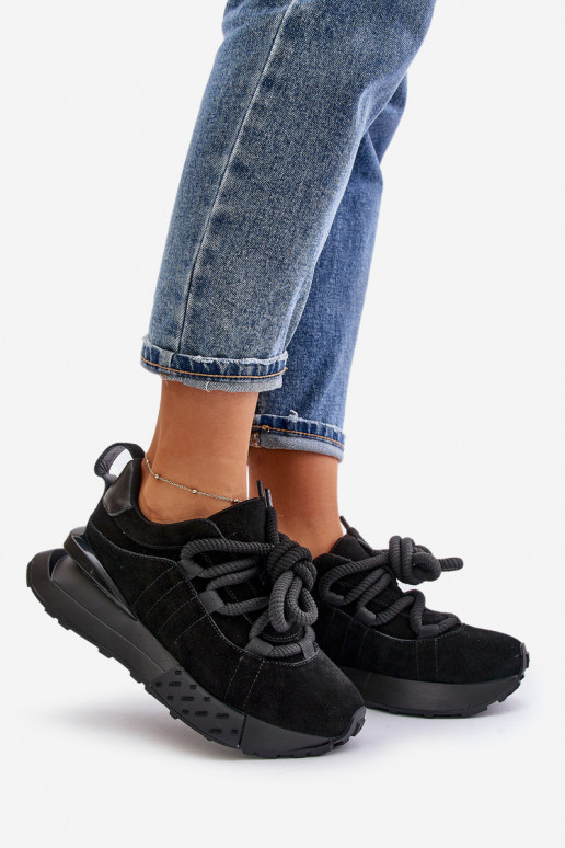 zamšādas Sneakers modeļa apavi Sieviešu ar platformuGrubym Šņorēšanam Artiker 54C1464 melnas krāsas