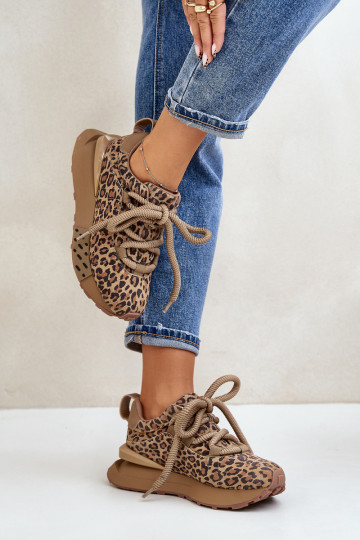 zamšādas Sneakers modeļa apavi Sieviešu ar platformuGrubym Šņorēšanam ar leoparda kažokādas rakstu Artiker 55C0135 brūnas krāsas