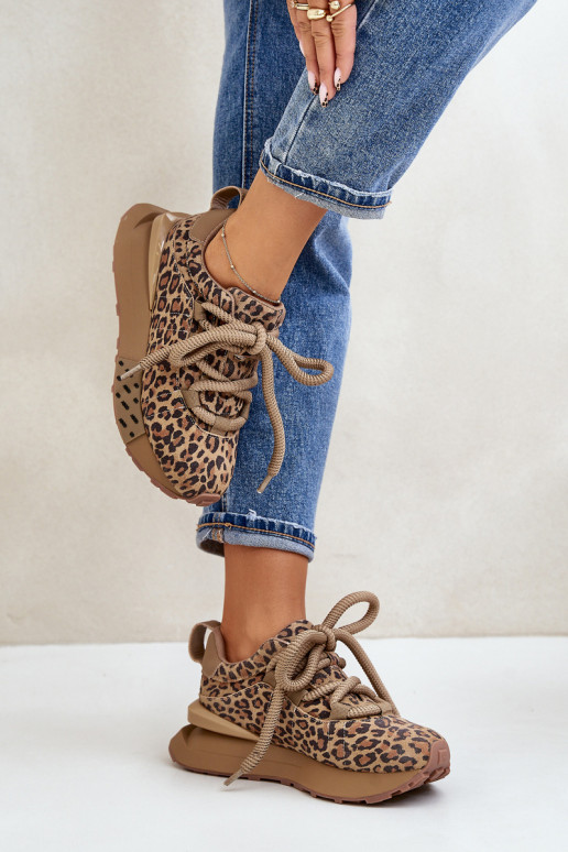 zamšādas Sneakers modeļa apavi Sieviešu ar platformuGrubym Šņorēšanam ar leoparda kažokādas rakstu Artiker 55C0135 brūnas krāsas