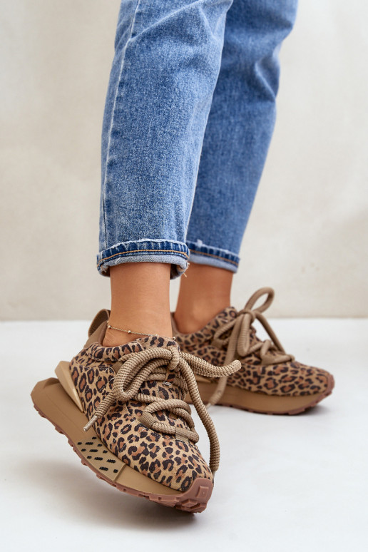 zamšādas Sneakers modeļa apavi Sieviešu ar platformuGrubym Šņorēšanam ar leoparda kažokādas rakstu Artiker 55C0135 brūnas krāsas