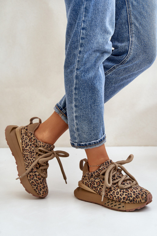 zamšādas Sneakers modeļa apavi Sieviešu ar platformuGrubym Šņorēšanam ar leoparda kažokādas rakstu Artiker 55C0135 brūnas krāsas