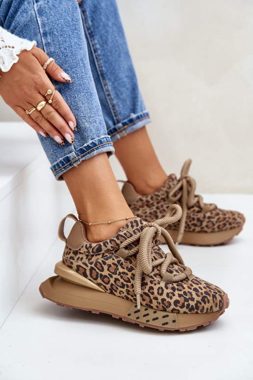 zamšādas Sneakers modeļa apavi Sieviešu ar platformuGrubym Šņorēšanam ar leoparda kažokādas rakstu Artiker 55C0135 brūnas krāsas