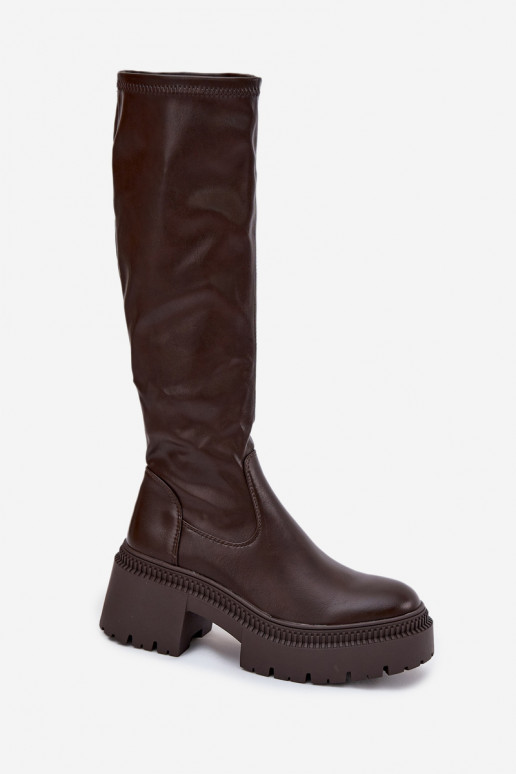 Sieviešu garie zābaki uz masīviem papēžiem un platformas, iekāpjamais modelis brūnā krāsā Florinne Sieviešu garie zābaki uz masīviem papēžiem un platformas, iekāpjamais modelis brūnā krāsā Florinne