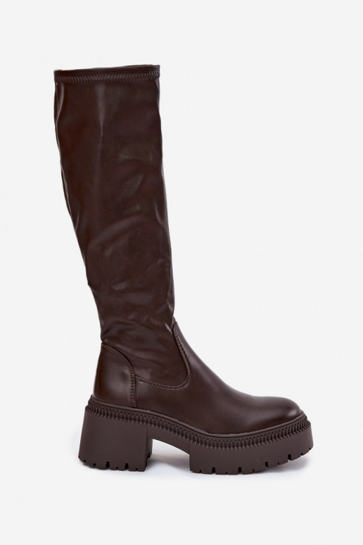 Sieviešu garie zābaki uz masīviem papēžiem un platformas, iekāpjamais modelis brūnā krāsā Florinne Sieviešu garie zābaki uz masīviem papēžiem un platformas, iekāpjamais modelis brūnā krāsā Florinne