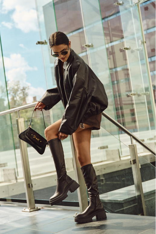 Sieviešu garie zābaki uz masīviem papēžiem un platformas, iekāpjamais modelis brūnā krāsā Florinne Sieviešu garie zābaki uz masīviem papēžiem un platformas, iekāpjamais modelis brūnā krāsā Florinne