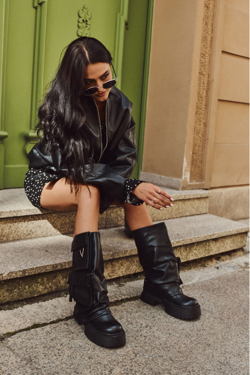 siltināti Paslīdēt uz sieviešu garie zābaki ar platformu Ar kabatām melnas krāsas Clarinda