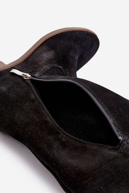 Zazoo 3407 zamšādas garie zābaki Līdz ceļgalam ar platiem papēžiem melnas krāsas