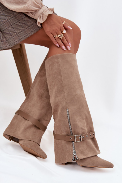 Sieviešu garie zābaki iekāpjamā modeļa ar papēžiem, ar dekorētiem papēžiem smilšu krāsā Jolivine