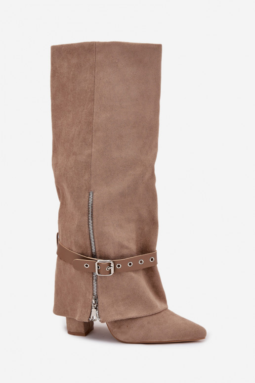 Sieviešu garie zābaki iekāpjamā modeļa ar papēžiem, ar dekorētiem papēžiem smilšu krāsā Jolivine