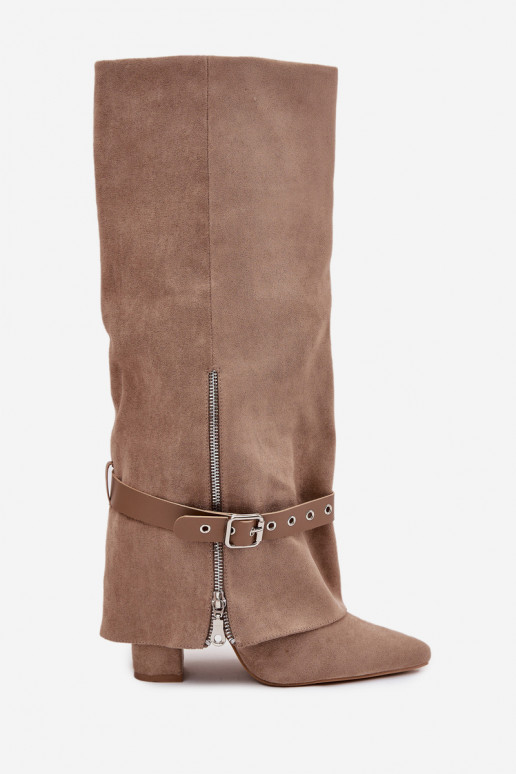 Sieviešu garie zābaki iekāpjamā modeļa ar papēžiem, ar dekorētiem papēžiem smilšu krāsā Jolivine