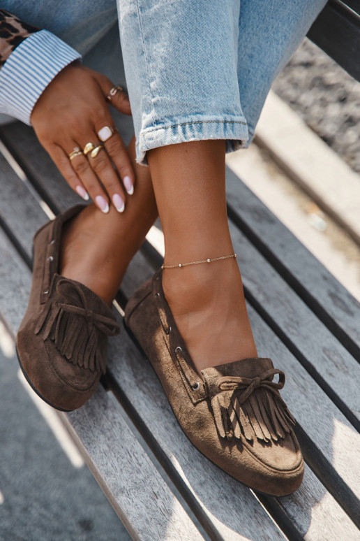 Sieviešu mokasīni ar bārkstīm un kokardu haki krāsā "Olivianne"