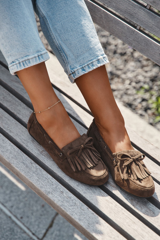 Sieviešu mokasīni ar bārkstīm un kokardu haki krāsā "Olivianne"