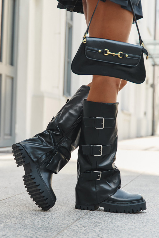 Siltināti sieviešu garie zābaki ar sudraba krāsas sprādzēm melnā krāsā "Isavine"