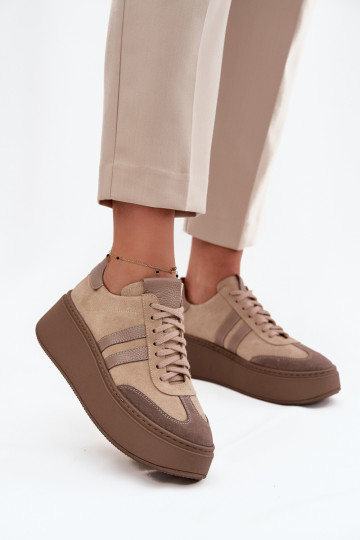 Āda zamšādas Sneakers modeļa apavi Sieviešu ar platformu Zazoo 3775 smilšu krāsas