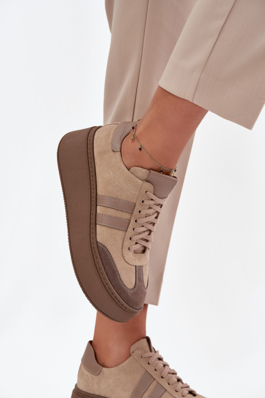 Āda zamšādas Sneakers modeļa apavi Sieviešu ar platformu Zazoo 3775 smilšu krāsas