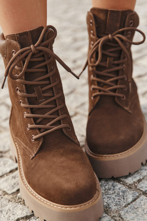 Zomšiniai sieviešu zābaki ar šņorēm Big Star SS274792 brūnā krāsā