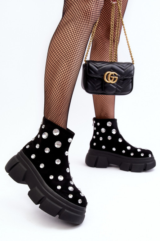 zamšādas siltināti Sieviešu puszābaki ar mirdzošiem spīdumiem D&A MR52-205 melnas krāsas