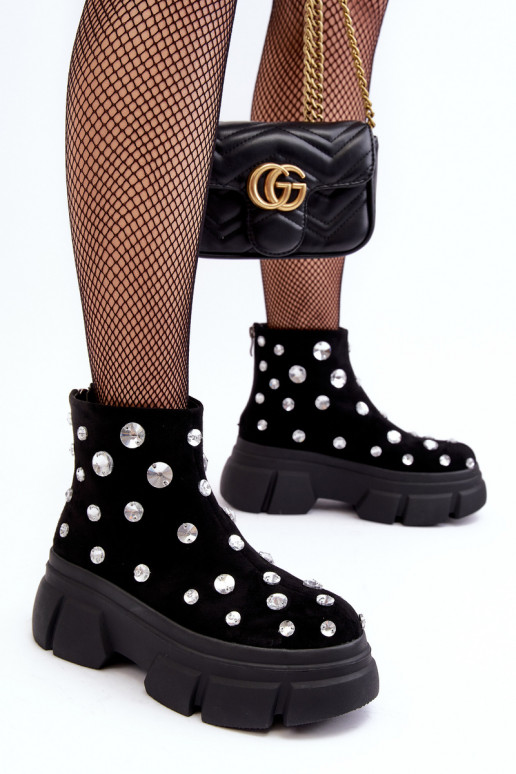 zamšādas siltināti Sieviešu puszābaki ar mirdzošiem spīdumiem D&A MR52-205 melnas krāsas