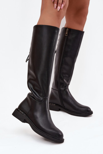 siltināti sieviešu garie zābakiIeslēgtsturalnej Skóry ar platiem papēžiem Vinceza 66822 melnas krāsas