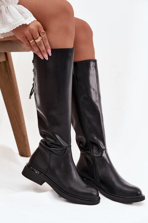 siltināti sieviešu garie zābakiIeslēgtsturalnej Skóry ar platiem papēžiem Vinceza 66822 melnas krāsas