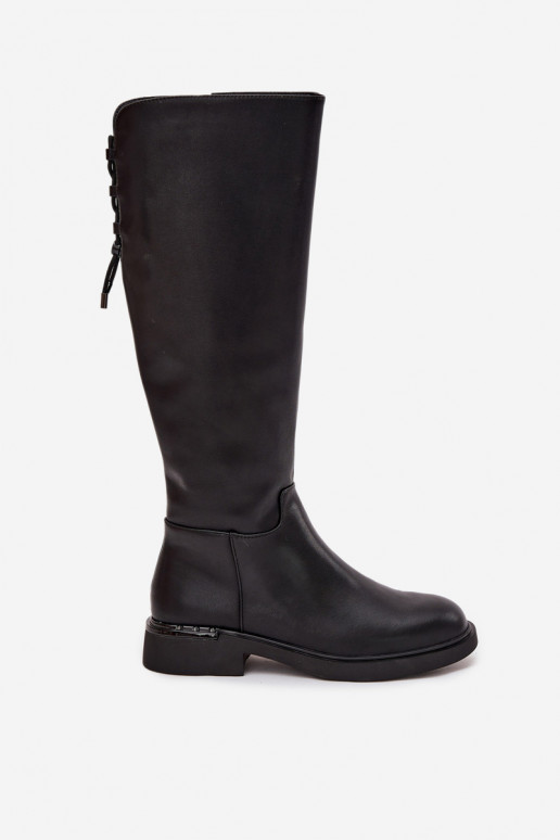 siltināti sieviešu garie zābakiIeslēgtsturalnej Skóry ar platiem papēžiem Vinceza 66822 melnas krāsas