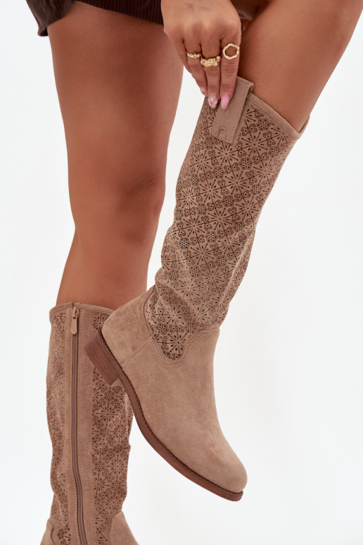 sieviešu garie zābaki Ažūrs ar platiem papēžiem S.Barski HY52-534 smilšu krāsas sieviešu garie zābaki Ažūrs ar platiem papēžiem S.Barski HY52-534 smilšu krāsas