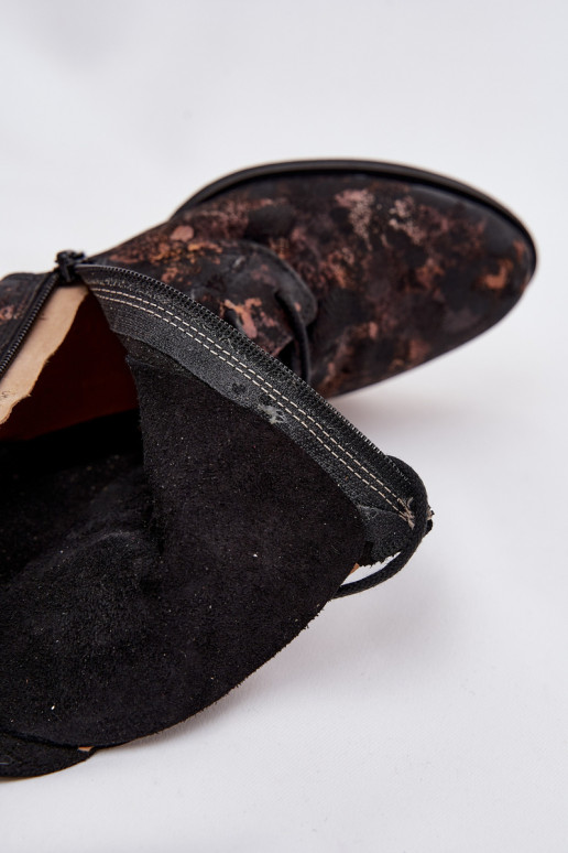 zamšādas Rakstaina Sieviešu puszābaki ar platiem papēžiem Tā irciejka 06391-02 Melns-Zelta krāsas