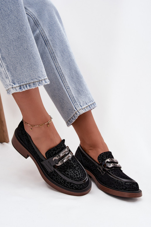 Zamšādas mokasīni Sieviešu ar ornamentiem D&A MR52-176 melnas krāsas