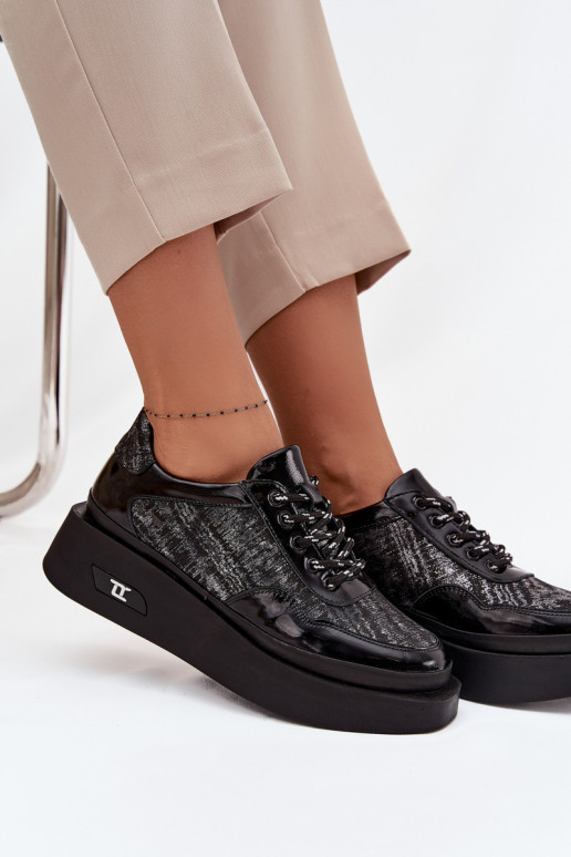 Ādas sieviešu kurpes ar šņorēm un platformu Artiker 57C2043, melnā un sudraba krāsā