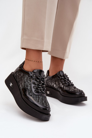 Ādas sieviešu kurpes ar šņorēm un platformu Artiker 57C2043, melnā un sudraba krāsā 2