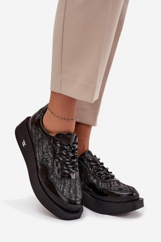 Ādas sieviešu kurpes ar šņorēm un platformu Artiker 57C2043, melnā un sudraba krāsā