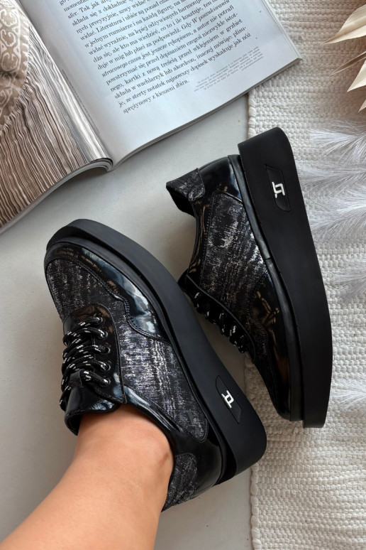 Ādas sieviešu kurpes ar šņorēm un platformu Artiker 57C2043, melnā un sudraba krāsā