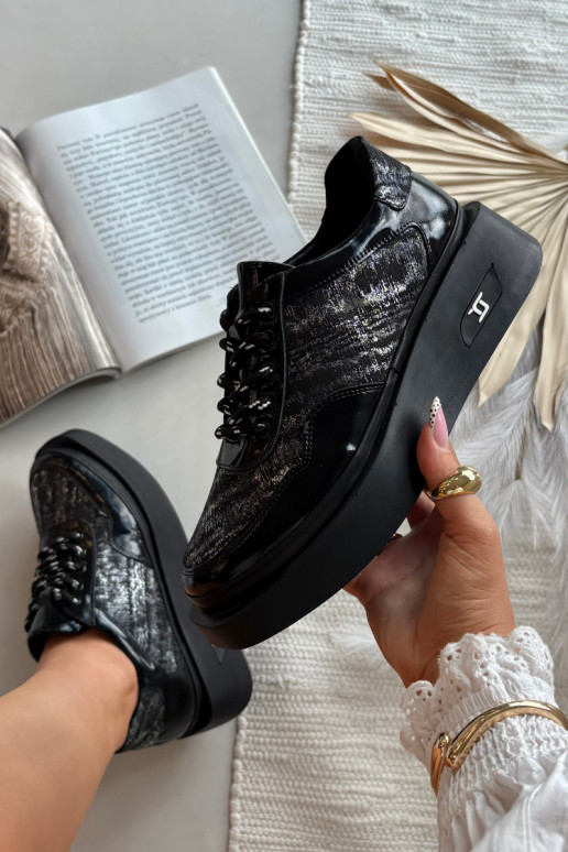 Ādas sieviešu kurpes ar šņorēm un platformu Artiker 57C2043, melnā un sudraba krāsā