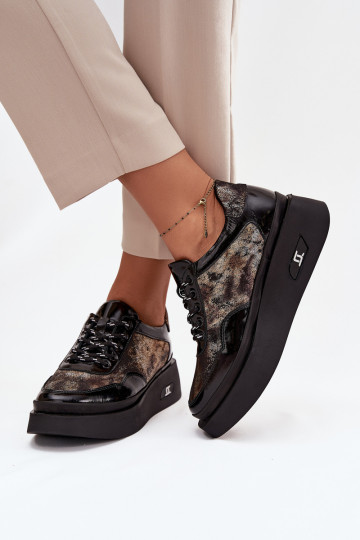 Ādas sieviešu kurpes ar šņorēm un platformu Artiker 57C2042, melnā un zelta krāsā