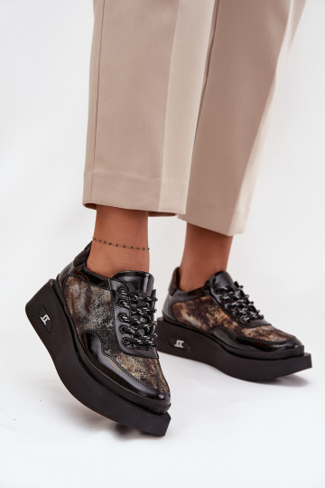 Ādas sieviešu kurpes ar šņorēm un platformu Artiker 57C2042, melnā un zelta krāsā 2