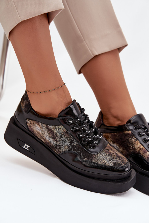 Ādas sieviešu kurpes ar šņorēm un platformu Artiker 57C2042, melnā un zelta krāsā