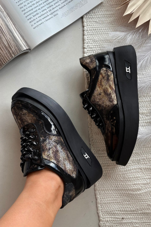 Ādas sieviešu kurpes ar šņorēm un platformu Artiker 57C2042, melnā un zelta krāsā